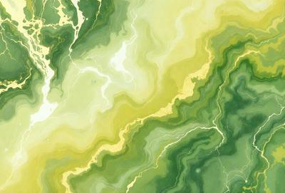 The primary subject of the image is a painting of a green and yellow landscape. The setting is a vibrant, colorful environment with a mix of green and yellow hues. The visual style is a painting, which gives the image a unique and artistic appearance. The colors and mood of the painting evoke a sense of tranquility and natural beauty.