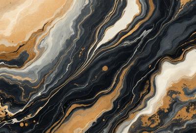 The primary subject of the image is a close-up of a marbled stone wall. The setting is a natural environment, with the stone wall being the main focus. The visual style is a combination of a photo and a drawing, creating a unique and intricate pattern. The colors and mood of the image are predominantly black and gold, giving it a sophisticated and elegant appearance.