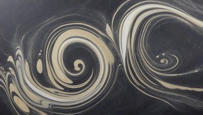 The primary subject of the image is a swirling pattern, which appears to be a design or a painting. The setting is a black background, which contrasts with the swirling pattern. The visual style of the image is a combination of artistic elements, such as a painting or a digital artwork. The colors and mood of the image are predominantly dark, with the swirling pattern being the main focus and source of visual interest.