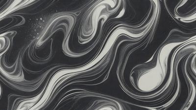 The primary subject of the image is a black and white painting of a swirling pattern. The setting is a black background, and the visual style appears to be a combination of a photo and a drawing. The dominant colors are black and white, creating a bold and striking atmosphere.