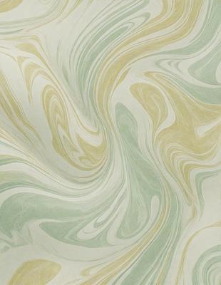 The primary subject of the image is a green and yellow swirling pattern on a wall. The setting is a room with a wall that features this unique design. The visual style of the image is a combination of digital art and illustration, creating a vibrant and dynamic appearance. The dominant colors in the image are green and yellow, which contribute to a lively and energetic atmosphere.
