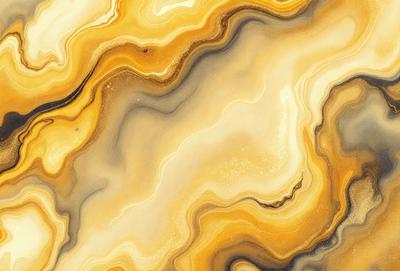 The primary subject of the image is a close-up of a marble-like surface with a yellow and brown color scheme. The setting is a natural environment, possibly a rock formation or a stone wall. The visual style appears to be a combination of a photo and a digital art or illustration, as the colors and patterns are vibrant and detailed. The dominant colors are yellow and brown, creating a warm and earthy atmosphere.