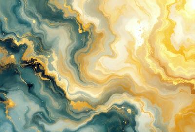 The primary subject of the image is a painting featuring a blue and gold color scheme. The setting is a painting of a blue and gold ocean, with a sun shining in the background. The visual style is a painting, and the colors and mood convey a sense of tranquility and beauty.