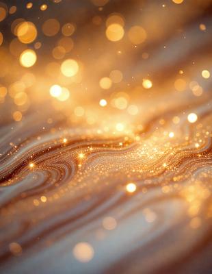 The primary subject of the image is a close-up of a shiny, reflective surface, possibly a piece of wood or a marble table. The setting is a room with a wooden floor, and the visual style appears to be a combination of a photo and digital art. The colors in the image are predominantly gold and yellow, creating a warm and inviting atmosphere.