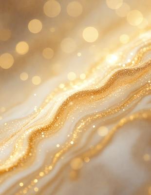 The primary subject of the image is a gold-colored, glittering, and shiny surface. The setting is a white background, which contrasts with the gold surface. The visual style is a close-up of the gold surface, showcasing its texture and shine. The colors and mood of the image are predominantly gold and shiny, creating a warm and luxurious atmosphere.