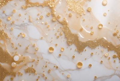 The primary subject of the image is a marble surface with gold specks. The setting is a bathroom, and the visual style is a photo. The dominant colors are gold and white, creating a luxurious and elegant atmosphere.