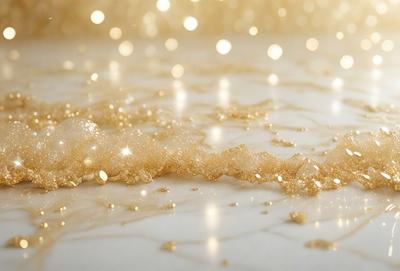 The primary subject of the image is a close-up of a gold glittery substance, possibly a gold glitter paint or a gold glitter paper, on a white surface. The setting appears to be a table or a countertop. The visual style of the image is a close-up, which emphasizes the gold glittery substance. The colors and mood of the image are predominantly gold and glittery, creating a warm and shiny atmosphere.