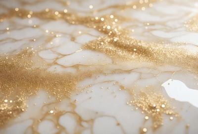 The primary subject of the image is a marble table with a gold-colored pattern on it. The setting is a room with a white marble surface. The visual style is a combination of a photo and digital art, creating a unique and eye-catching design. The dominant colors are gold and white, giving the table a luxurious and elegant appearance.