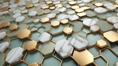 The primary subject of the image is a patterned wall made of marble tiles. The setting is a room with a blue background. The visual style is a combination of photo and digital art, creating a unique and intricate design. The dominant colors are blue and white, with the marble tiles adding a touch of gold. The overall atmosphere is elegant and sophisticated.