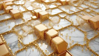 The primary subject of the image is a large, intricate, and detailed gold pattern or design. The setting is a marble surface, which adds to the elegance and sophistication of the scene. The visual style is a combination of photo and digital art, creating a unique and eye-catching pattern. The colors and mood of the image are predominantly gold and sophisticated, evoking a sense of luxury and refinement.