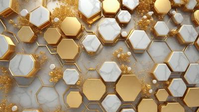 The primary subject of the image is a close-up of a marble surface with gold hexagons and white circles. The setting is a marble countertop, and the visual style is a combination of photo and digital art. The dominant colors are gold, white, and marble, creating a luxurious and elegant atmosphere.