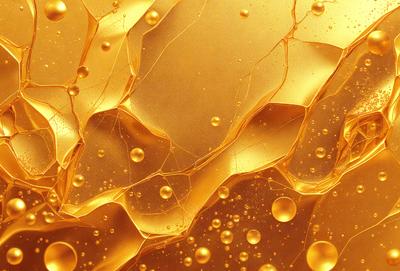 The primary subject of the image is a close-up of a yellow substance, possibly a liquid or a foamy material, with a golden hue. The setting appears to be a surface with a patterned texture, possibly a wall or a piece of art. The visual style of the image is a close-up, which emphasizes the details of the yellow substance. The colors and mood of the image are warm and inviting, with the golden hue creating a sense of warmth and richness.