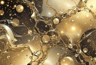 The primary subject of the image is a close-up of a golden, swirling liquid, possibly a bubble or a foamy substance. The setting is a dark background, which contrasts with the bright, golden color of the liquid. The visual style appears to be a combination of a photo and a digital art or illustration, as the liquid is depicted in a detailed and intricate manner. The colors and mood of the image are predominantly golden and warm, creating a sense of depth and richness.