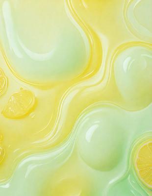 The primary subject of the image is a close-up of a lemon, with its juicy interior and a slice of lemon on the side. The setting is a kitchen counter, and the visual style is a combination of a photo and a painting. The colors and mood of the image are predominantly yellow, with a hint of green, creating a warm and inviting atmosphere.