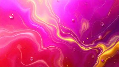 The primary subject of the image is a vibrant, colorful painting featuring a swirling, flowing design. The setting is a wall, and the visual style appears to be a combination of digital art and illustration. The dominant colors in the painting are pink and yellow, creating a lively and energetic atmosphere.
