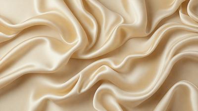 The primary subject of the image is a close-up of a piece of fabric, possibly a silk or satin material. The setting is a white background, which provides a clean and minimalist appearance. The visual style is a detailed, textured close-up of the fabric, showcasing its intricate patterns and textures. The colors and mood of the image are predominantly neutral, with the white background and the fabric's natural hues creating a calm and serene atmosphere.