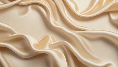 The primary subject of the image is a close-up of a piece of fabric, possibly silk, with a smooth and shiny texture. The setting is a white background, which provides a clean and uncluttered appearance. The visual style is a close-up of the fabric, showcasing its details and texture. The colors in the image are predominantly shades of brown and white, creating a warm and natural atmosphere.