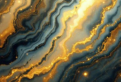 The primary subject of the image is a close-up of a marbled stone with a gold and blue color scheme. The setting is a dark background, which contrasts with the vibrant colors of the stone. The visual style appears to be a digital art or illustration, as the colors and patterns are intricately detailed. The overall atmosphere of the image is rich and luxurious, with the gold and blue hues evoking a sense of sophistication and elegance.