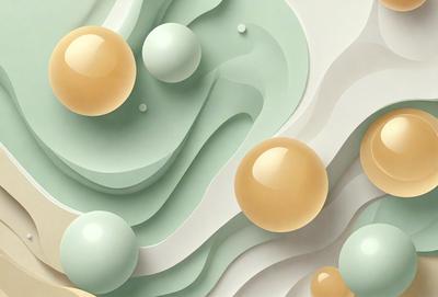 The primary subject of the image is a painting or digital artwork featuring a green and white background. The setting includes a variety of spheres, balls, and orbs scattered throughout the scene. The visual style appears to be a combination of photo and digital art, creating a unique and intricate design. The colors and mood of the image are predominantly green and white, giving it a calm and serene atmosphere.