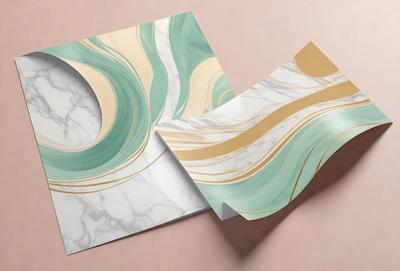 The primary subject of the image is a pair of marble-patterned papers. The setting is a pink background, which adds a warm and inviting atmosphere to the scene. The visual style is a combination of digital art and illustration, as the marble pattern is created using a digital medium. The colors and mood of the image are predominantly warm and earthy, with the marble pattern and pink background creating a sense of luxury and elegance.