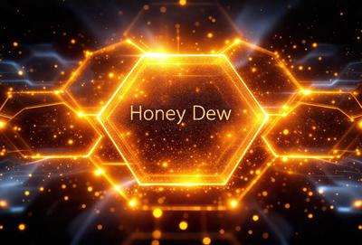 The primary subject of the image is a close-up of a honey dew logo. The setting is a brightly lit environment, possibly a neon sign or a glowing background. The visual style is a combination of digital art and illustration, creating a vibrant and eye-catching appearance. The dominant colors are yellow and orange, giving the logo a warm and inviting feel.
