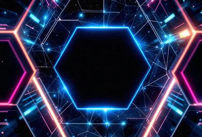 The primary subject of the image is a large, blue, three-dimensional square. The setting is a futuristic, neon-lit environment, with a backdrop of a starry sky. The visual style is a combination of digital art and illustration, creating a vibrant and dynamic scene. The dominant colors are blue and purple, giving the image a cool and futuristic mood.