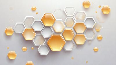 The primary subject of the image is a pattern of hexagons, which are arranged in a honeycomb-like structure. The setting is a white wall, and the visual style appears to be a combination of digital art and illustration. The dominant colors in the image are yellow and white, creating a warm and inviting atmosphere.
