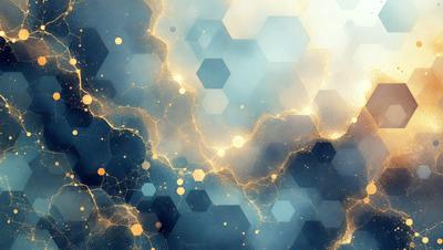 The primary subject of the image is a blue and yellow background with a pattern of hexagons. The setting is a cloudy sky, and the visual style is a digital art or illustration. The dominant colors are blue and yellow, creating a vibrant and lively atmosphere.