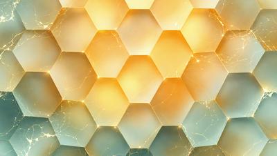 The primary subject of the image is a close-up of a hexagonal pattern, which appears to be a honeycomb-like structure. The setting is a white background, and the visual style is a combination of digital art and illustration. The dominant colors in the image are yellow and blue, creating a warm and inviting atmosphere.
