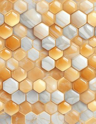 The primary subject of the image is a pattern of hexagonal shapes, which are arranged in a honeycomb-like formation. The setting is a white marble surface, which serves as the background for the pattern. The visual style of the image is a combination of photo and digital art, creating a unique and intricate design. The dominant colors in the image are gold and white, giving the pattern a warm and elegant appearance.