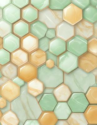 The primary subject of the image is a patterned wall made of hexagonal tiles. The setting is a room with a green and white color scheme. The visual style is a combination of digital art and illustration, creating a unique and eye-catching design. The dominant colors are green and white, giving the space a fresh and clean appearance.