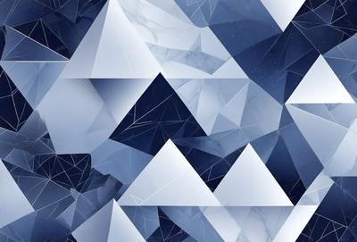 The primary subject of the image is a geometric pattern made up of triangles. The setting is a dark blue background, which contrasts with the white triangles. The visual style is a digital art or illustration, creating a modern and minimalist appearance. The dominant colors are white and blue, giving the image a clean and sophisticated mood.