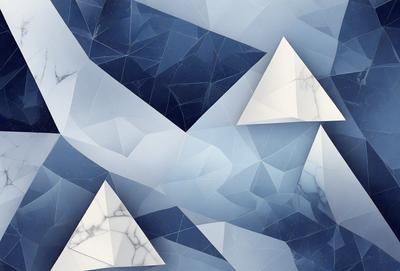 The primary subject of the image is a geometric pattern featuring triangles and diamond shapes. The setting is a blue background, which adds to the visual style. The image is a digital art piece, showcasing a unique and intricate design. The dominant colors are blue and white, creating a calm and serene atmosphere.