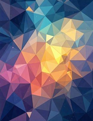 The primary subject of the image is a colorful, geometric pattern. The setting is a blue and yellow background, which adds to the vibrant atmosphere of the scene. The visual style is a combination of digital art and illustration, creating a unique and eye-catching design. The dominant colors are blue, yellow, and orange, which contribute to a lively and energetic mood.