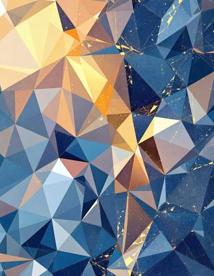 The primary subject of the image is a geometric pattern, featuring a mix of blue, gold, and orange colors. The setting is a blue background, which creates a contrasting and visually appealing environment. The visual style of the image is a combination of digital art and illustration, showcasing the intricate design of the pattern. The overall atmosphere of the image is vibrant and captivating, with the colors and patterns creating a sense of depth and complexity.
