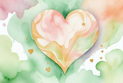 The primary subject of the image is a heart-shaped painting, which is the main focus of the scene. The heart is painted in a watercolor style, giving it a vibrant and artistic appearance. The setting of the image is a green background, which complements the heart's colors and adds to the overall atmosphere. The visual style of the painting is a combination of artistic expression and digital art, creating a unique and eye-catching piece of art.