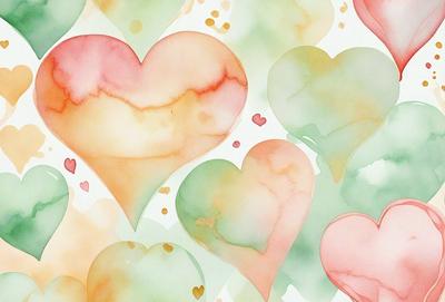 The primary subject of the image is a collection of watercolor hearts. The hearts are displayed in various sizes and colors, creating a visually appealing and vibrant scene. The setting is a white background, which allows the hearts to stand out prominently. The visual style is a combination of watercolor painting and digital art, giving the image a unique and artistic appearance. The dominant colors in the image are shades of pink, green, and yellow, which contribute to a warm and cheerful atmosphere.