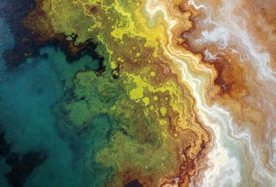 The primary subject of the image is a close-up of a green and yellow mossy wall. The setting is a water-based environment, possibly a river or a lake. The visual style is a combination of a photo and a digital art, creating a unique and vibrant atmosphere. The dominant colors are green and yellow, with the mossy wall being the main focus of the image.