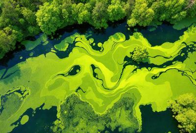 The primary subject of the image is a large body of water with a green, algae-covered surface. The water appears to be murky and has a distinctive green hue. The setting is a natural environment, with trees visible in the background. The visual style of the image is a close-up of the algae-covered water, showcasing the intricate patterns and textures of the green substance. The colors and mood of the image are predominantly green, with a slightly murky and myster
