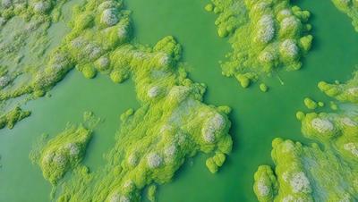 The primary subject of the image is a close-up of a green, algae-covered surface. The setting is a body of water, possibly a lake or a pond, with a greenish-yellow hue. The visual style is a close-up, which emphasizes the details of the algae and the water. The colors and mood of the image are predominantly green and yellow, creating a vibrant and lively atmosphere.