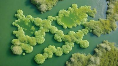 The primary subject of the image is a large, green, mossy plant with a distinctive, circular shape. The plant is situated in a body of water, which serves as the setting for the scene. The visual style of the image is a combination of photo and digital art, creating a unique and intriguing appearance. The dominant colors in the image are green and blue, giving the scene a serene and natural atmosphere.