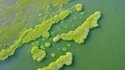 The primary subject of the image is a large, green, mossy plant with numerous small, round, green bubbles or balls on its surface. The plant is situated in a body of water, which serves as the setting and background of the scene. The visual style of the image is a close-up of the plant, showcasing its unique and intricate features. The dominant colors in the image are green, which is prevalent in the plant and the water, and the small round bubbles, which are also