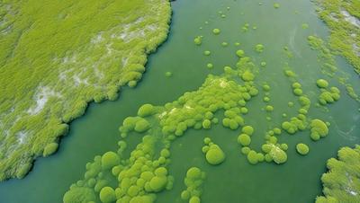 The primary subject of the image is a large body of water with a variety of floating plants and lily pads. The water appears to be a vibrant green color, and the plants are scattered throughout the scene. The setting is a natural environment, with the water being the main focus of the image. The visual style is a combination of photo and digital art, creating a unique and captivating scene. The colors and mood of the image are lively and serene, with the green water and floating plants creating a sense of