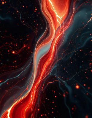 The primary subject of the image is a red and blue swirling line, which appears to be a digital art or illustration. The setting is a dark background, possibly a night sky, with a few stars visible. The visual style gives the impression of a futuristic or abstract design. The dominant colors are red and blue, creating a bold and striking appearance. The overall atmosphere of the image is dynamic and captivating.