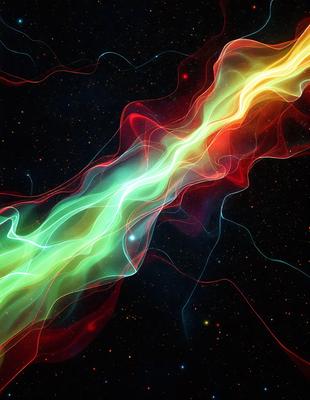 The primary subject of the image is a vibrant, colorful, and abstract representation of a nebula. The setting is a dark, starry sky, with the nebula's colors and patterns standing out against the backdrop. The visual style is a combination of digital art and illustration, creating a unique and captivating image. The dominant colors are red, green, and blue, which contribute to the overall mood of the image, evoking a sense of wonder and exploration.