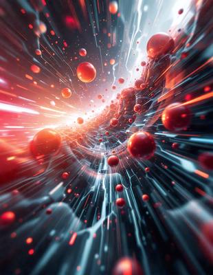 The primary subject of the image is a swirling, colorful, and abstract pattern of red and blue bubbles. The setting is a dark background, which contrasts with the vibrant colors of the bubbles. The visual style is a combination of digital art and illustration, creating a dynamic and eye-catching scene. The dominant colors are red and blue, with the red bubbles being more prominent, while the blue bubbles are scattered throughout the pattern. The overall atmosphere is energetic and capt