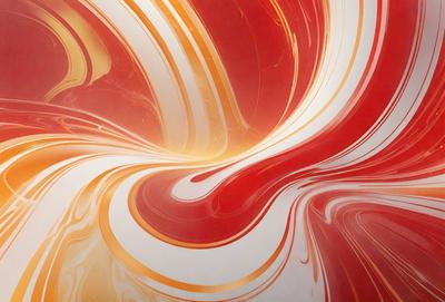The primary subject of the image is a swirling, colorful pattern that resembles a painting or a digital artwork. The setting is a white wall, and the visual style appears to be a combination of photo and digital art. The dominant colors in the image are red, yellow, and orange, creating a vibrant and lively atmosphere.