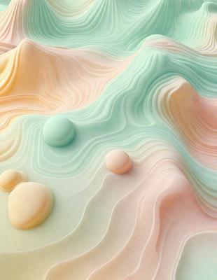 The primary subject of the image is a large, three-dimensional sculpture of a mountain. The setting is a white, textured surface that provides a contrasting background. The visual style is a combination of digital art and illustration, creating a unique and intricate design. The colors and mood of the image are predominantly white and pink, giving it a soft and serene atmosphere.
