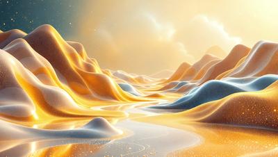 The primary subject of the image is a beautifully rendered digital art of a river flowing through a mountainous landscape. The setting is a vibrant and colorful environment, with the river flowing through a valley surrounded by mountains. The visual style is a mix of realism and artistic expression, creating a captivating and serene atmosphere. The colors and mood are predominantly warm and inviting, with the river and mountains exuding a sense of tranquility and natural beauty.