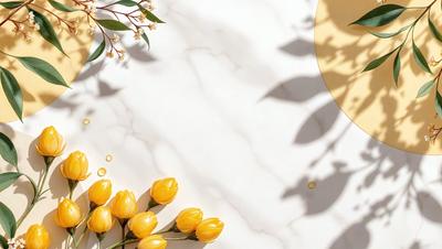 The primary subject of the image is a bouquet of yellow flowers, which are placed on a white marble countertop. The setting is a white marble countertop, and the visual style is a photo. The dominant colors in the image are yellow and white, creating a warm and clean atmosphere.